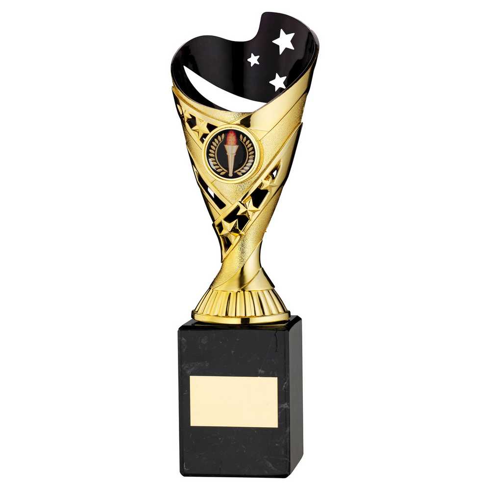 GOLD/BLK PLASTIC 'SABRE' CUP ON BLK MARBLE ASSEMBLED TROPHY (1" CEN) - 9in