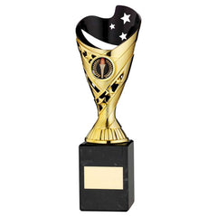 GOLD/BLK PLASTIC 'SABRE' CUP ON BLK MARBLE ASSEMBLED TROPHY (1" CEN) - 9in