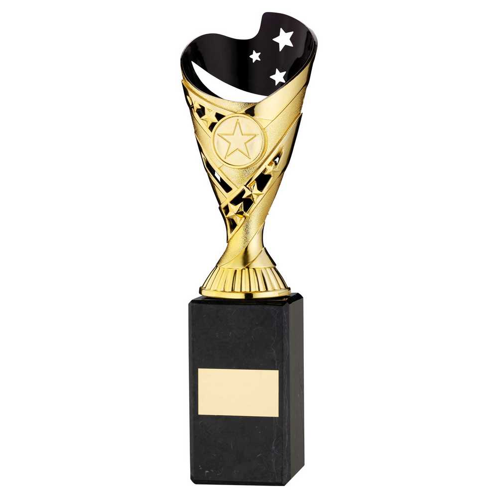 GOLD/BLK PLASTIC 'SABRE' CUP ON BLK MARBLE ASSEMBLED TROPHY (1" CEN) - 10in