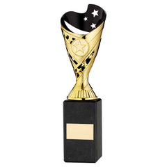 GOLD/BLK PLASTIC 'SABRE' CUP ON BLK MARBLE ASSEMBLED TROPHY (1" CEN) - 10in