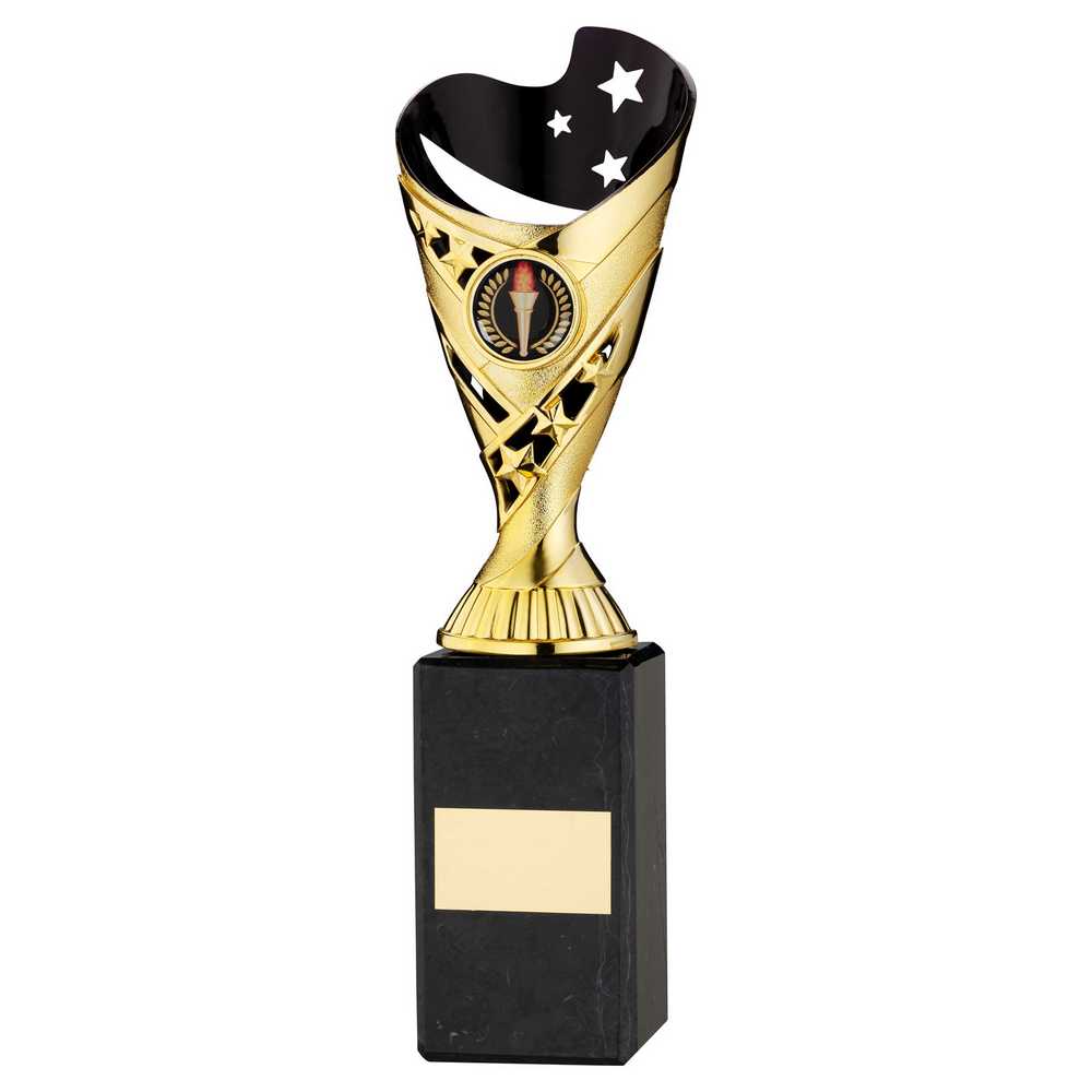 GOLD/BLK PLASTIC 'SABRE' CUP ON BLK MARBLE ASSEMBLED TROPHY (1" CEN) - 10in