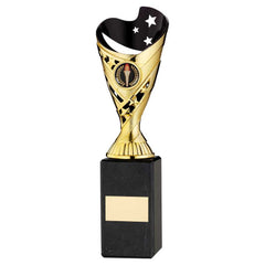 GOLD/BLK PLASTIC 'SABRE' CUP ON BLK MARBLE ASSEMBLED TROPHY (1" CEN) - 10in