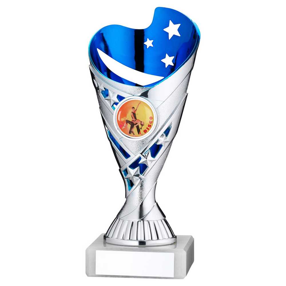 SILVER/BLUE PLASTIC 'SABRE' CUP ASSEMBLED ON MARBLE (1in CEN) - 7in