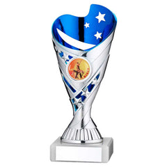 SILVER/BLUE PLASTIC 'SABRE' CUP ASSEMBLED ON MARBLE (1in CEN) - 7in