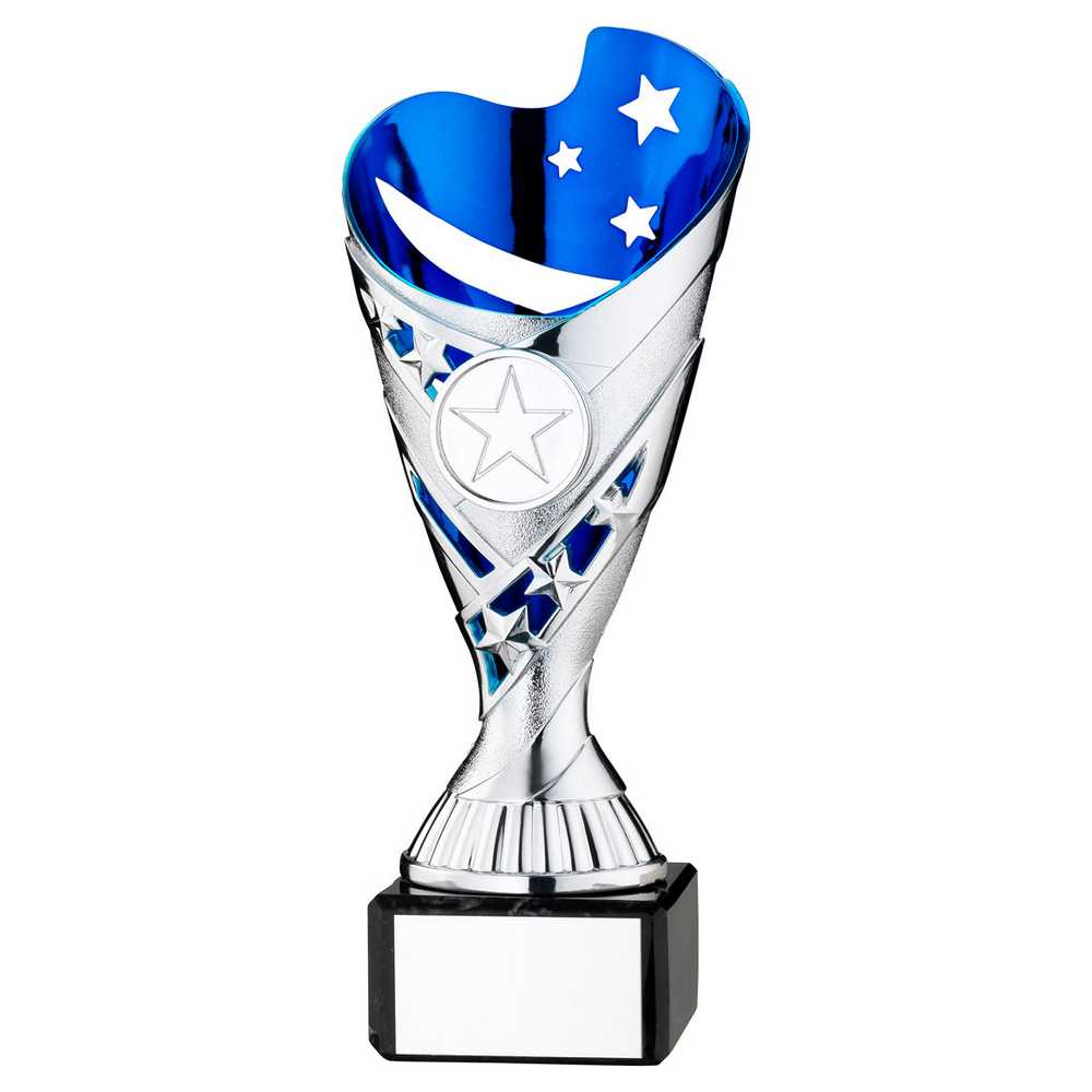 SILVER/BLUE PLASTIC 'SABRE' CUP ON BLK MARBLE ASSEMBLED TROPHY (1" CEN) - 7.25in