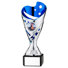 SILVER/BLUE PLASTIC 'SABRE' CUP ON BLK MARBLE ASSEMBLED TROPHY (1" CEN) - 7.25in