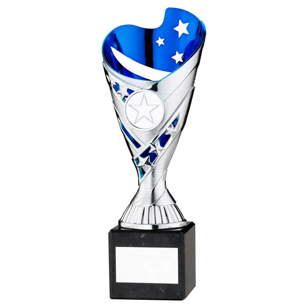 SILVER/BLUE PLASTIC 'SABRE' CUP ON BLK MARBLE ASSEMBLED TROPHY (1" CEN) - 8in
