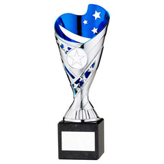 SILVER/BLUE PLASTIC 'SABRE' CUP ON BLK MARBLE ASSEMBLED TROPHY (1" CEN) - 8in