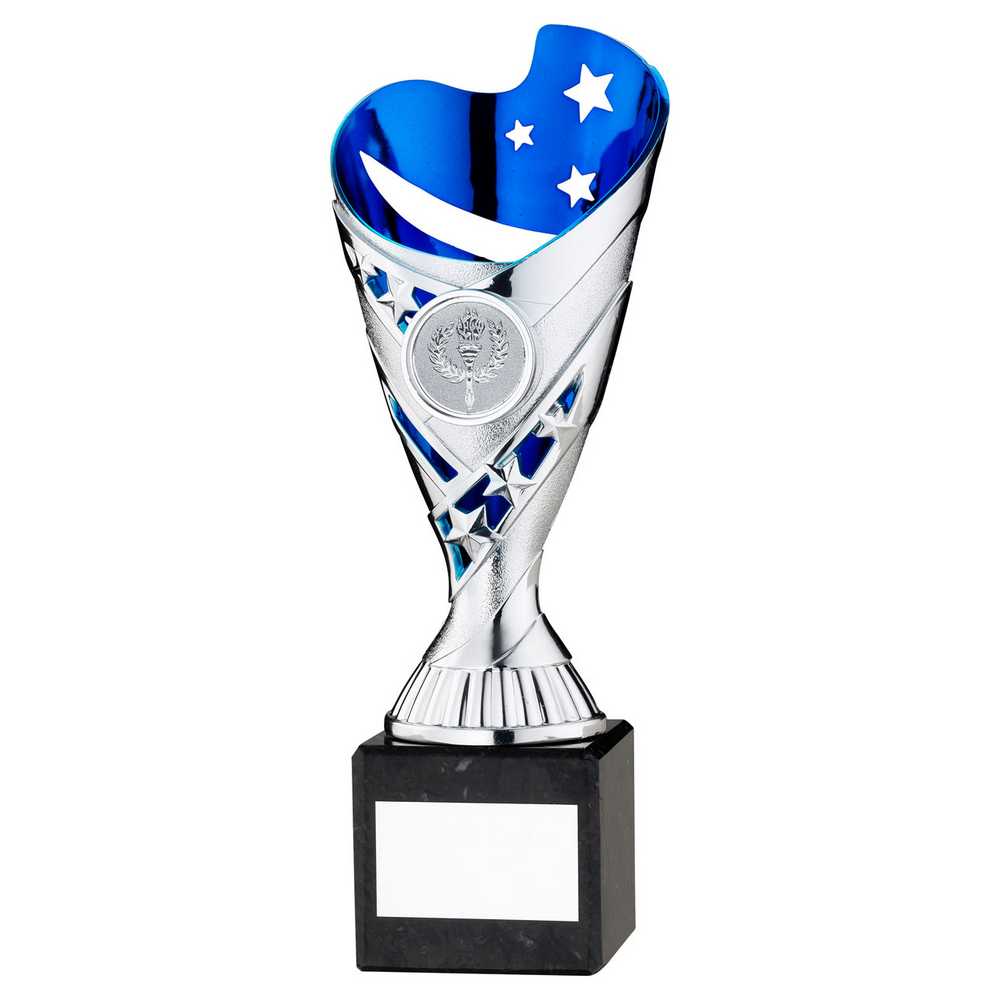 SILVER/BLUE PLASTIC 'SABRE' CUP ON BLK MARBLE ASSEMBLED TROPHY (1" CEN) - 8in