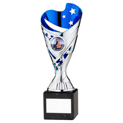 SILVER/BLUE PLASTIC 'SABRE' CUP ON BLK MARBLE ASSEMBLED TROPHY (1" CEN) - 8in