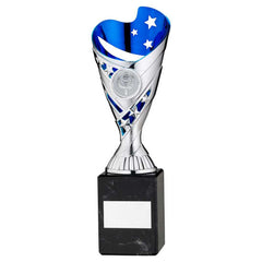 SILVER/BLUE PLASTIC 'SABRE' CUP ON BLK MARBLE ASSEMBLED TROPHY (1" CEN) - 9in