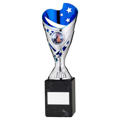 SILVER/BLUE PLASTIC 'SABRE' CUP ON BLK MARBLE ASSEMBLED TROPHY (1" CEN) - 9in