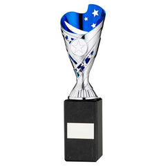 SILVER/BLUE PLASTIC 'SABRE' CUP ON BLK MARBLE ASSEMBLED TROPHY (1" CEN) - 10in