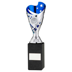 SILVER/BLUE PLASTIC 'SABRE' CUP ON BLK MARBLE ASSEMBLED TROPHY (1" CEN) - 10in