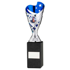 SILVER/BLUE PLASTIC 'SABRE' CUP ON BLK MARBLE ASSEMBLED TROPHY (1" CEN) - 10in