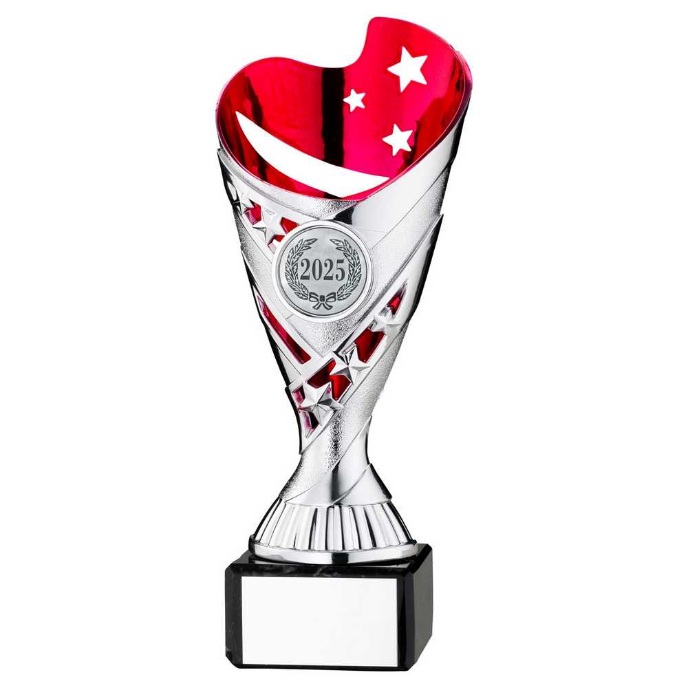 SILVER/PINK PLASTIC 'SABRE' CUP ON BLK MARBLE ASSEMBLED TROPHY (1" CEN) - 7.25in