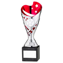 SILVER/PINK PLASTIC 'SABRE' CUP ON BLK MARBLE ASSEMBLED TROPHY (1" CEN) - 8in
