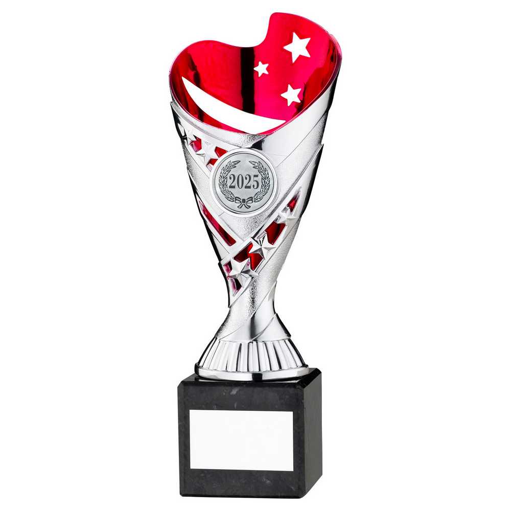 SILVER/PINK PLASTIC 'SABRE' CUP ON BLK MARBLE ASSEMBLED TROPHY (1" CEN) - 8in