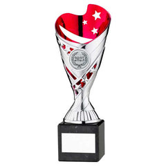 SILVER/PINK PLASTIC 'SABRE' CUP ON BLK MARBLE ASSEMBLED TROPHY (1" CEN) - 8in
