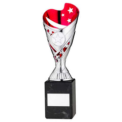 SILVER/PINK PLASTIC 'SABRE' CUP ON BLK MARBLE ASSEMBLED TROPHY (1" CEN) - 9in