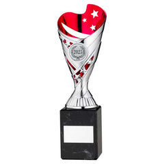 SILVER/PINK PLASTIC 'SABRE' CUP ON BLK MARBLE ASSEMBLED TROPHY (1" CEN) - 9in