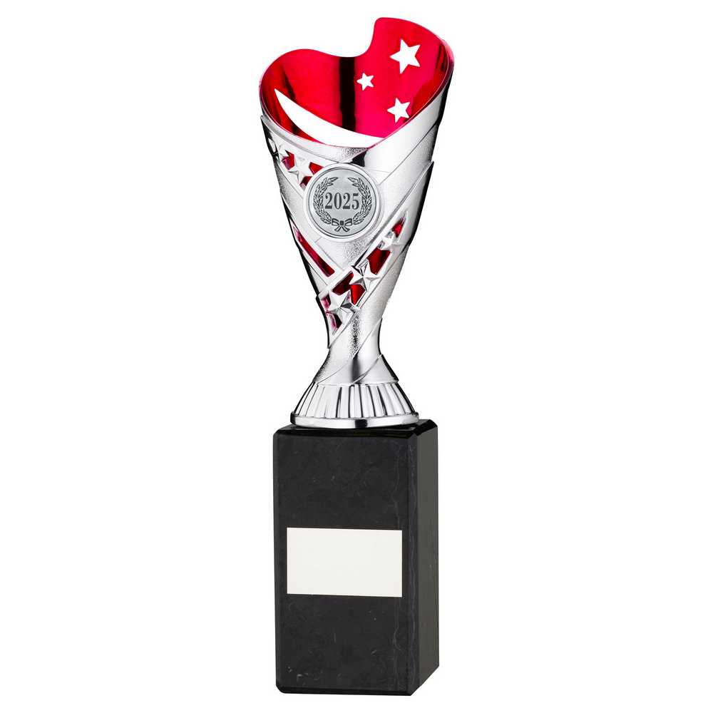 SILVER/PINK PLASTIC 'SABRE' CUP ON BLK MARBLE ASSEMBLED TROPHY (1" CEN) - 10in