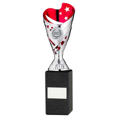 SILVER/PINK PLASTIC 'SABRE' CUP ON BLK MARBLE ASSEMBLED TROPHY (1" CEN) - 10in