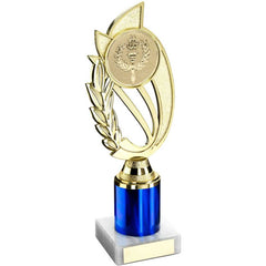 GOLD/BLUE PLASTIC 'LAUREL' HOLDER ASSEMBLED ON MARBLE (2" CEN/2" TUBE) - 9in