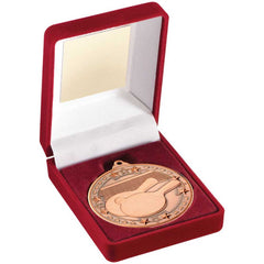 RED VELVET BOX AND 50mm MEDAL TABLE TENNIS TROPHY BRONZE - 3.5in