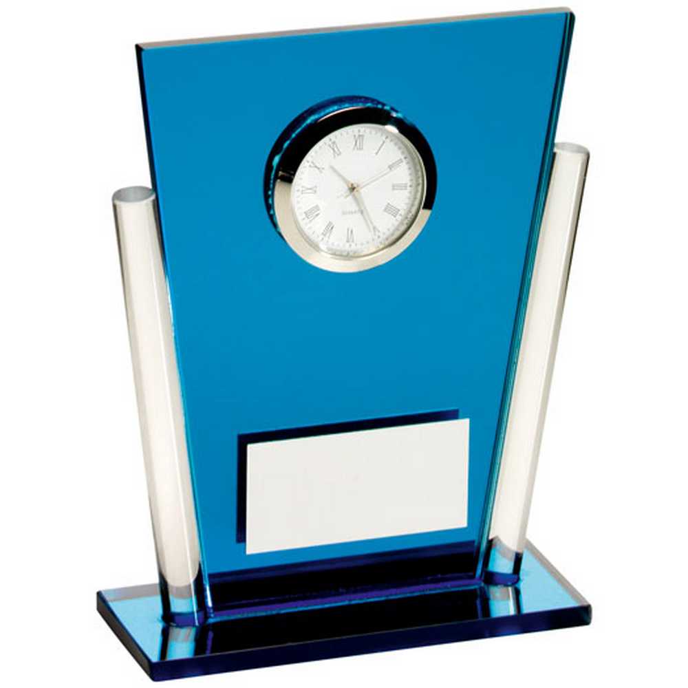BLUE/CLEAR GLASS TAPERED RECTANGLE CLOCK WITH PLATE - 5.25in