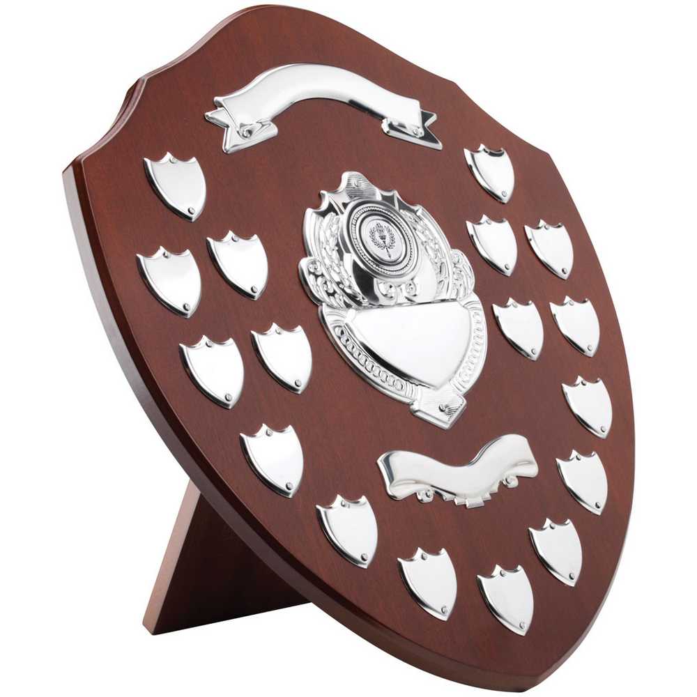 MAHOGANY SHIELD WITH CHROME FRONTS AND 17 RECORD SHIELDS (1in CENTRE) - 16in