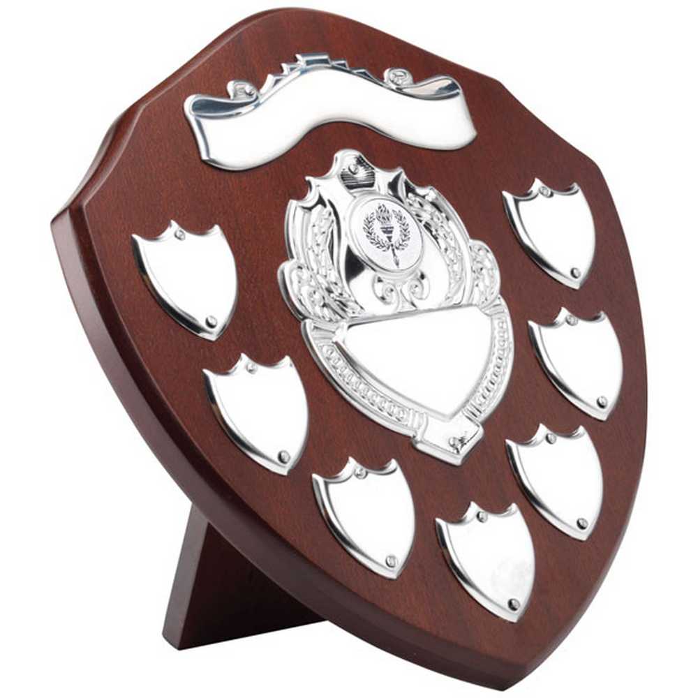 MAHOGANY SHIELD WITH CHROME FRONT AND 7 RECORD SHIELDS (1in SHIELD) - 9in