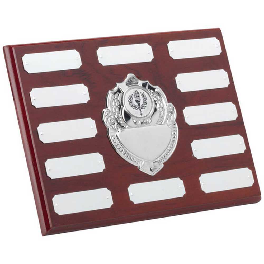 MAHOGANY SHIELD WITH CHROME FRONT AND 7 RECORD SHIELDS (1in SHIELD) - 9in