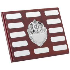 MAHOGANY SHIELD WITH CHROME FRONT AND 7 RECORD SHIELDS (1in SHIELD) - 9in