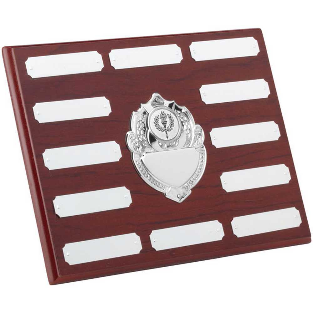 ROSEWOOD PLAQUE WITH CHROME FRONTS AND PLATES (1in CEN) 12 PLATES - 7 x 9in