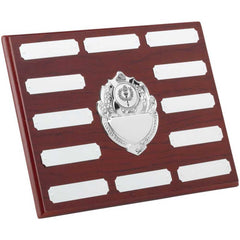 ROSEWOOD PLAQUE WITH CHROME FRONTS AND PLATES (1in CEN) 12 PLATES - 7 x 9in