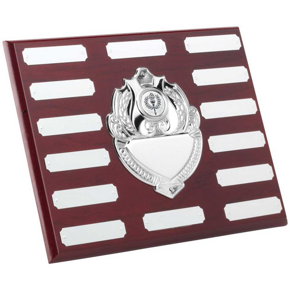 ROSEWOOD PLAQUE WITH CHROME FRONTS AND PLATES (1in CEN) 14 PLATES - 8 x 10in