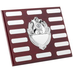 ROSEWOOD PLAQUE WITH CHROME FRONTS AND PLATES (1in CEN) 14 PLATES - 8 x 10in