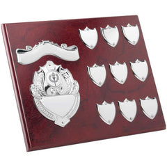 MAHOGANY SHIELD WITH CHROME FRONT AND 7 RECORD SHIELDS (1in SHIELD) - 9in