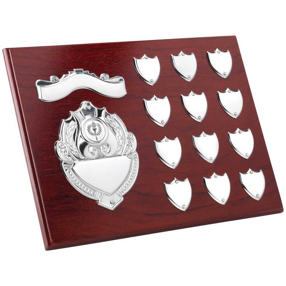 ROSEWOOD PLAQUE WITH CHROME FRONTS AND RECORD SHIELDS (1in CEN) - 9 x 12in