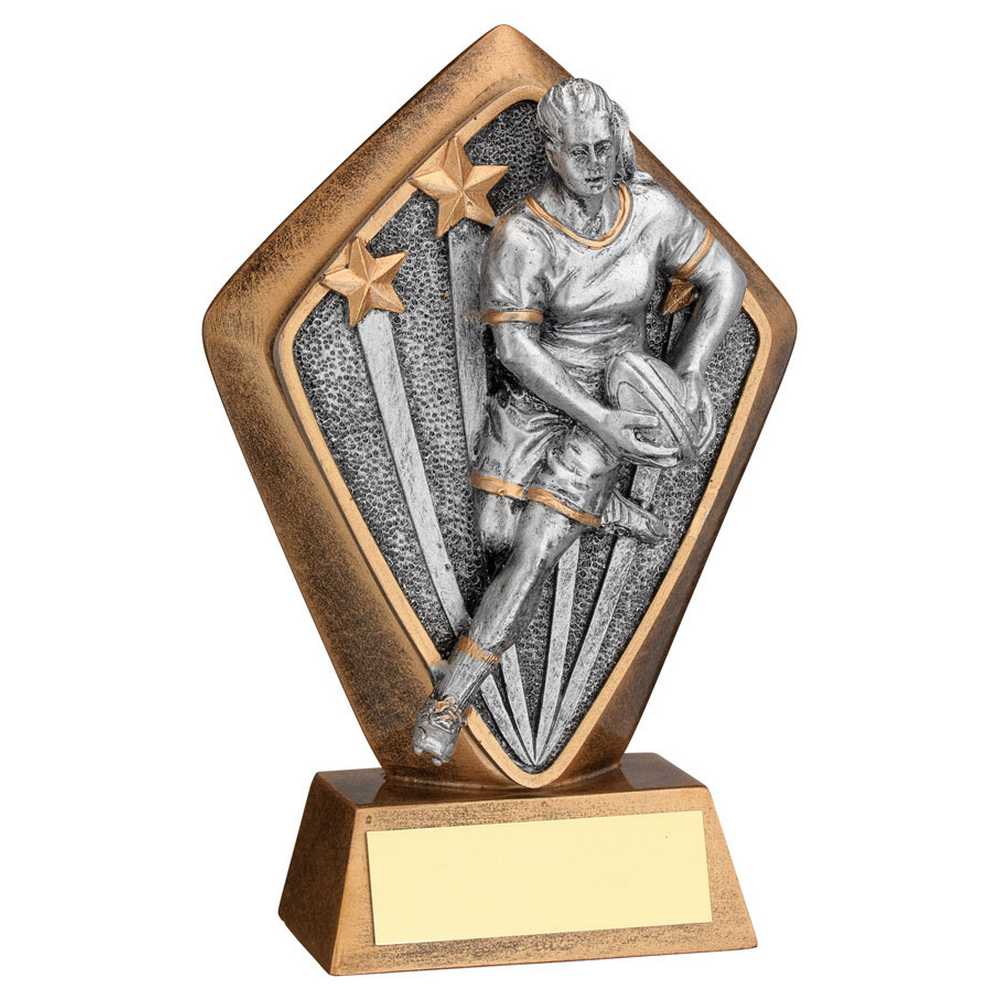 BRZ/GOLD DIAMOND HOLDER WITH 'FEMALE RUGBY' DISC AND PLATE - 5.25in