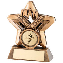 BRZ/GOLD MAN OF THE MATCH MINI STAR WITH RUGBY INSERT AND PLATE - 3.75in - Optimum Teamwear