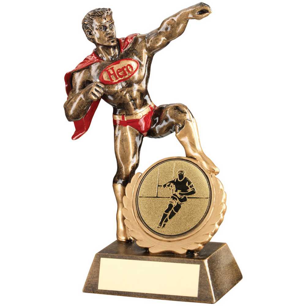 BRZ/GOLD/RED RESIN GENERIC 'HERO' AWARD WITH RUGBY INSERT AND PLATE - 7.25in