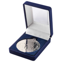 BLUE VELVET BOX AND 50mm MEDAL RUGBY TROPHY SILVER - 3.5in