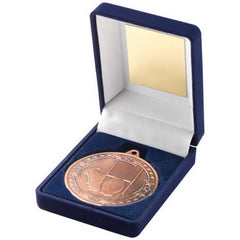 BLUE VELVET BOX AND 50mm MEDAL RUGBY TROPHY BRONZE - 3.5in