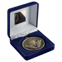 BLUE VELVET BOX AND 60mm MEDAL RUGBY TROPHY ANTIQUE GOLD - 4in