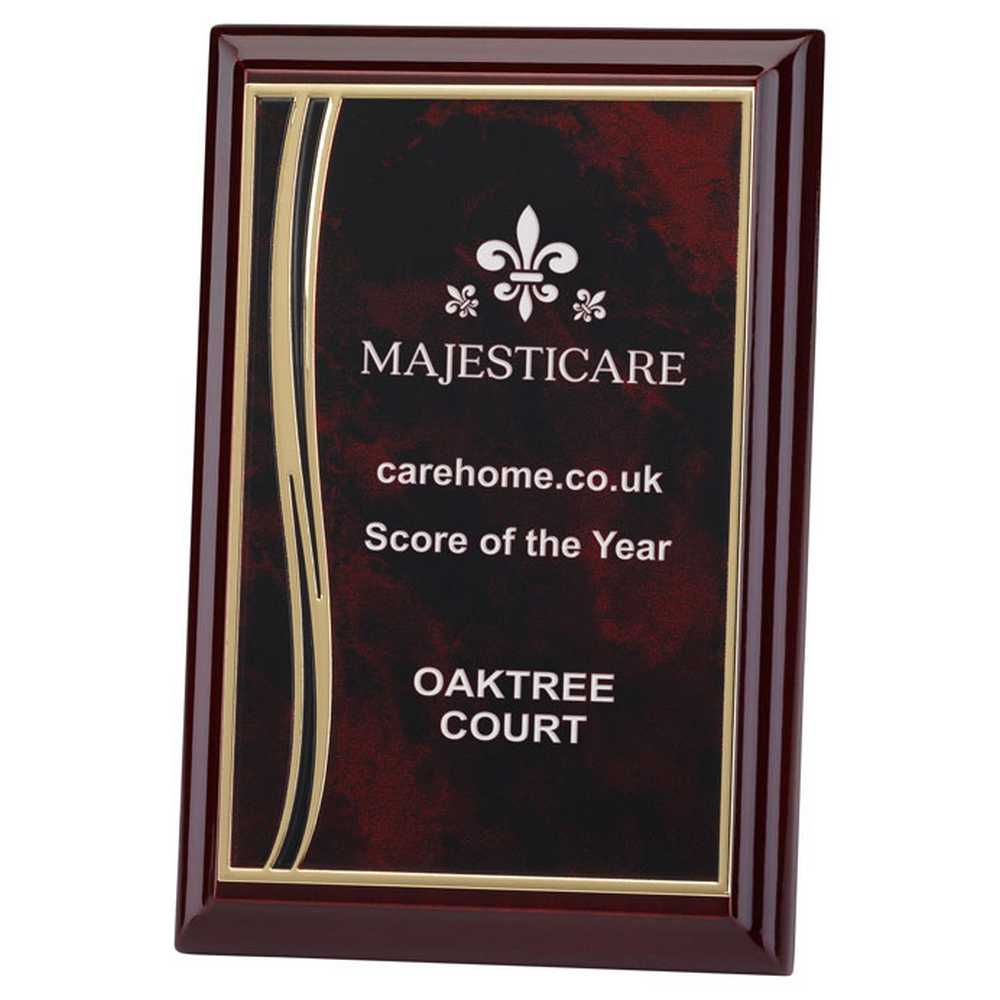 ROSEWOOD PLAQUE WITH RED/GOLD ALUMINIUM FRONT - 4 x 6in
