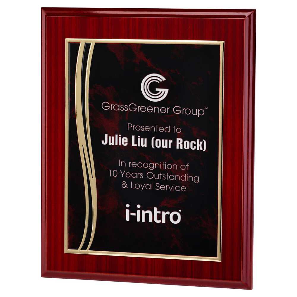 ROSEWOOD PLAQUE WITH RED/GOLD ALUMINIUM FRONT - 8 x 10in