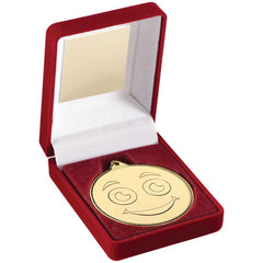 RED VELVET BOX AND GOLD 50mm MEDAL SMILEY FACE TROPHY - 3.5in - Optimum Teamwear