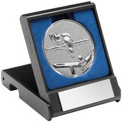BLACK PLASTIC BOX WITH POOL/SNOOKER INSERT TROPHY SILVER - 3.5in